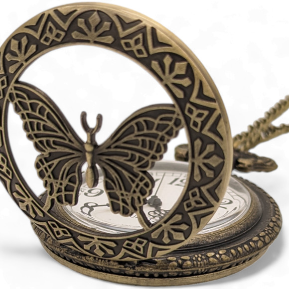 Butterfly Pocket Watch NEW Necklace Insect Wings Fly Gift Monarch - Picture 4 of 7